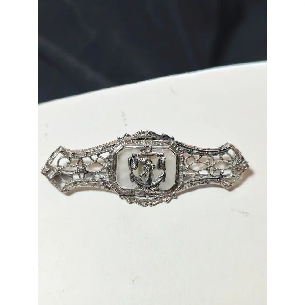 Vintage Sterling Silver USN Navy Mother of Pearl Art Deco Sweetheart Brooch